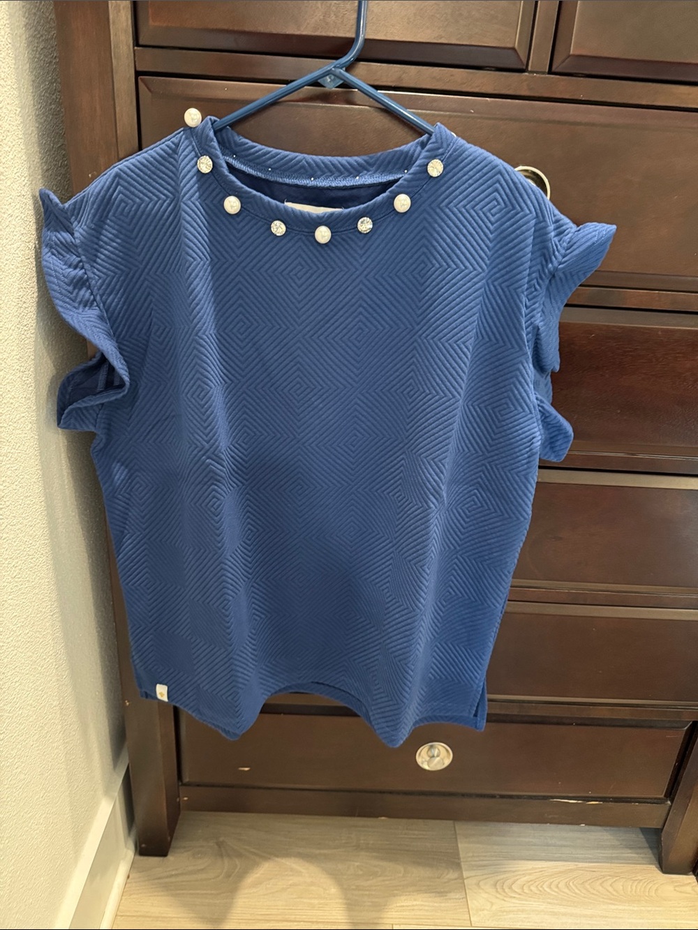 Simply Southern Blue Geometric Knit Ruffle Sleeve Top with Pearl Buttons